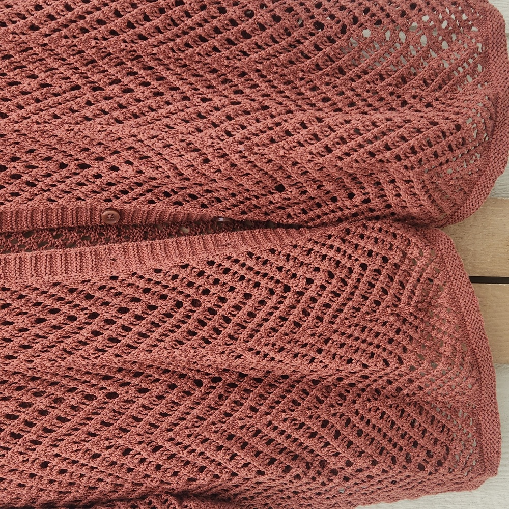 Open Knit Crocheted Fisherman Coastal Airy Grandpa Sweater Medium Earthy Shimmer - Picture 2 of 4